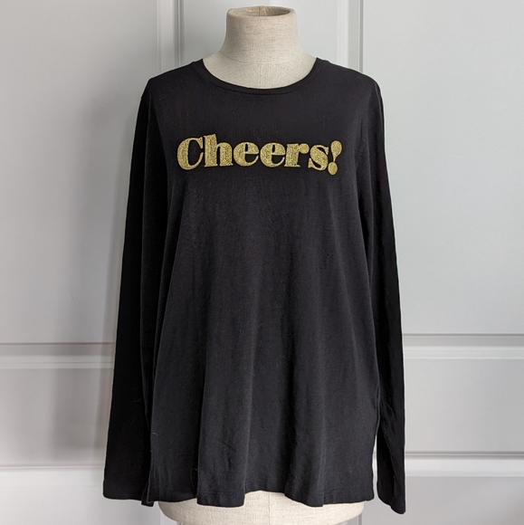 J. Crew Factory Tops - J. Crew Factory Embroidered Cheers! Tee Long Sleeve Crew Neck Cotton Black L NWT